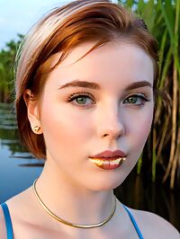 A 19 year old Polish woman with auburn hair stands topless in the Everglades